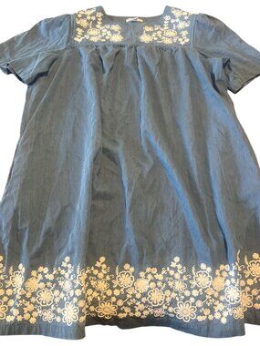 Go Softly Patio Womens Denim Shift Dress‎ Blue Floral Embroidered Pockets 2XL